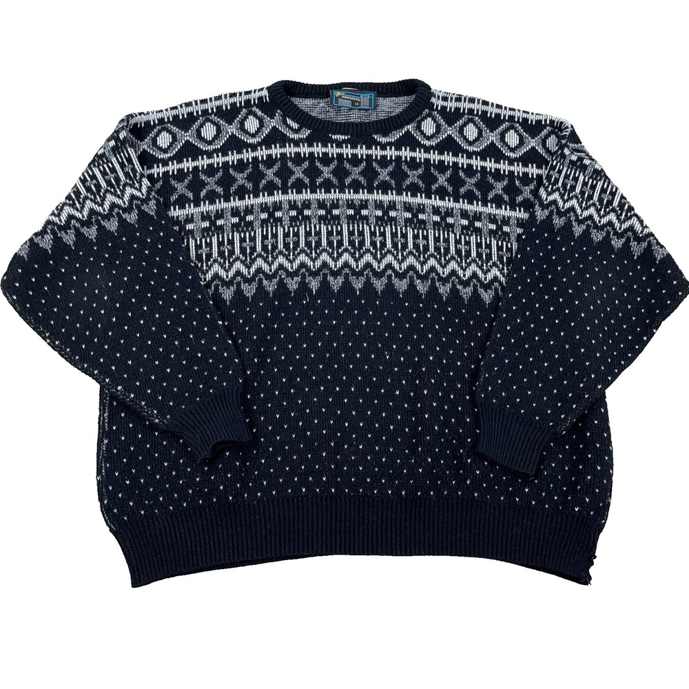 Vintage‎ Grandpa Sweater Men XL Black White 90s Fair Isle Birdseye Nordic USA